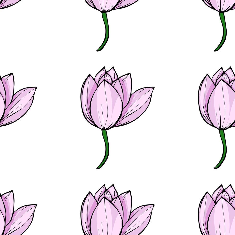 Elegant seamless pattern featuring delicate light pink lotus flowers with dark green stems, creating a serene and minimalist floral design ideal for various applications. vector