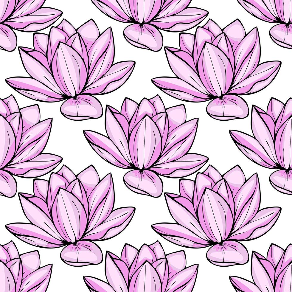 Elegant seamless pattern featuring a delicate arrangement of light pink lotus flowers, meticulously detailed with black outlines against a crisp white backdrop. vector