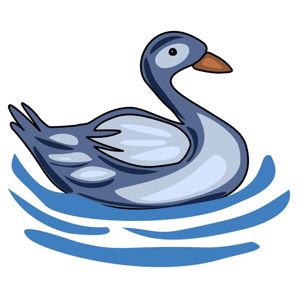 A charming illustration of a stylized grey duck gracefully gliding on calm, blue waters, featuring a unique blend of soft and bold lines. vector