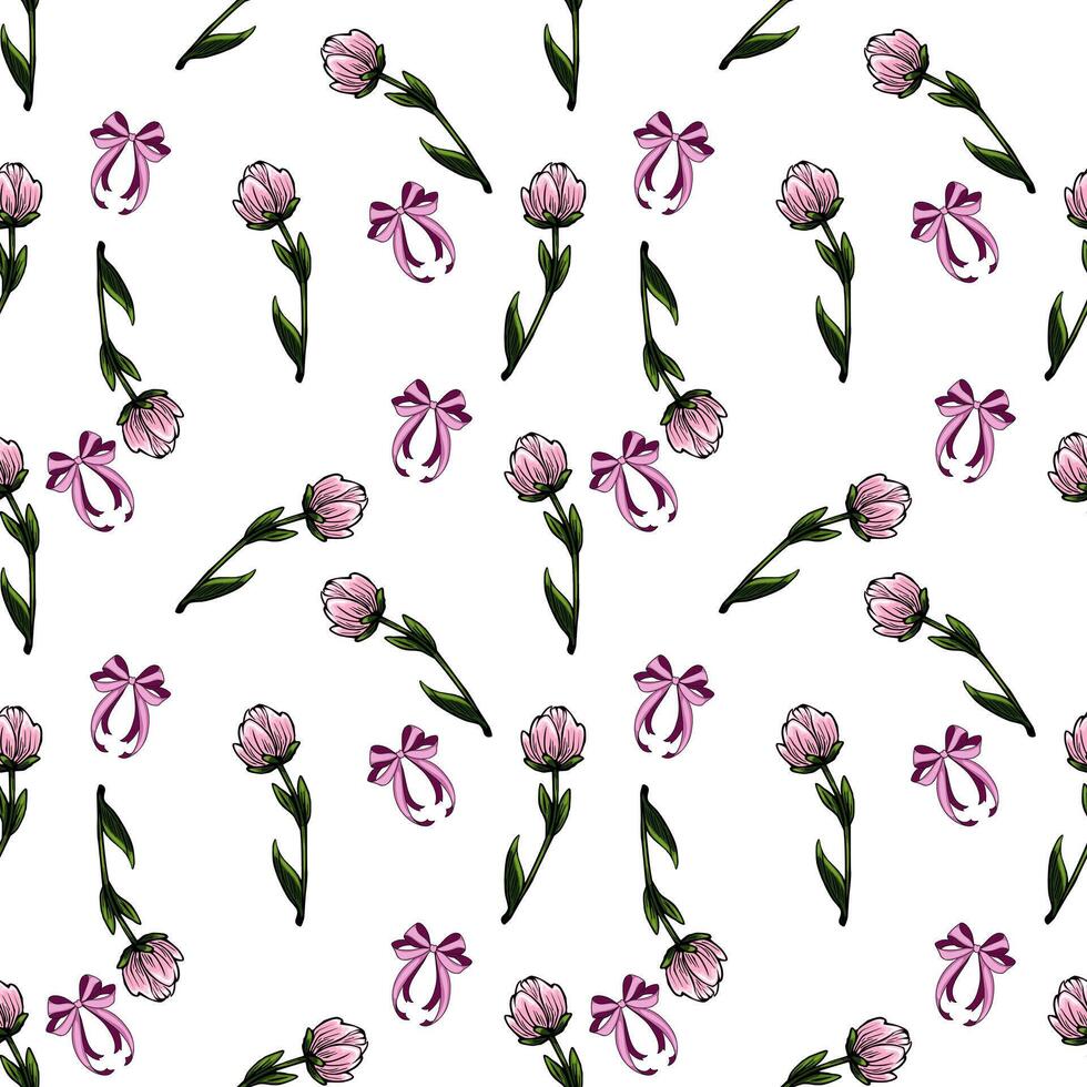 Seamless pattern of delicate pink chrysanthemum and purple bows on a white background, a charming floral design perfect for spring or feminine projects. vector