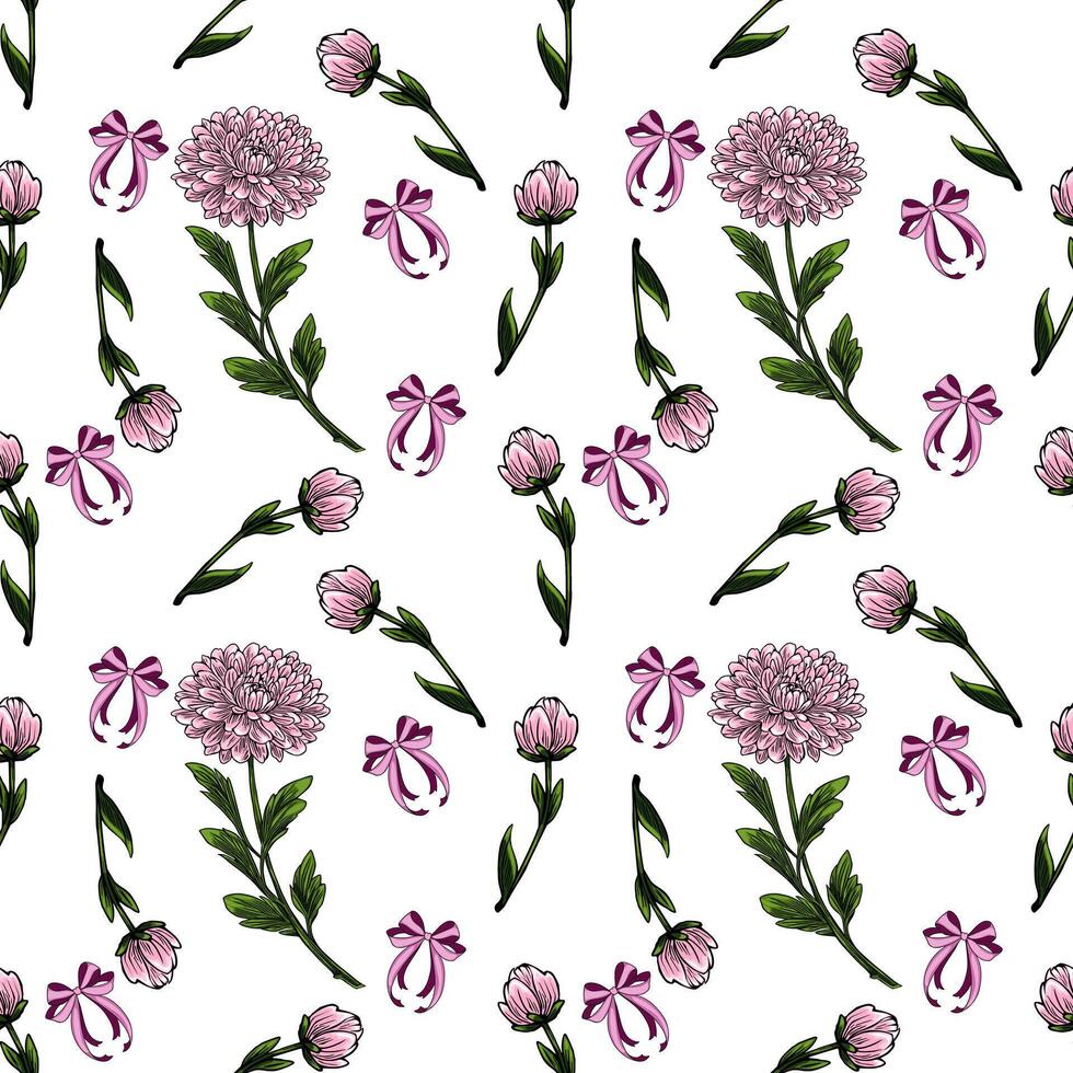 Seamless pattern with hand-drawn pink chrysanthemum flowers, buds, and purple bows on a white background, creating a delicate and romantic floral design. vector