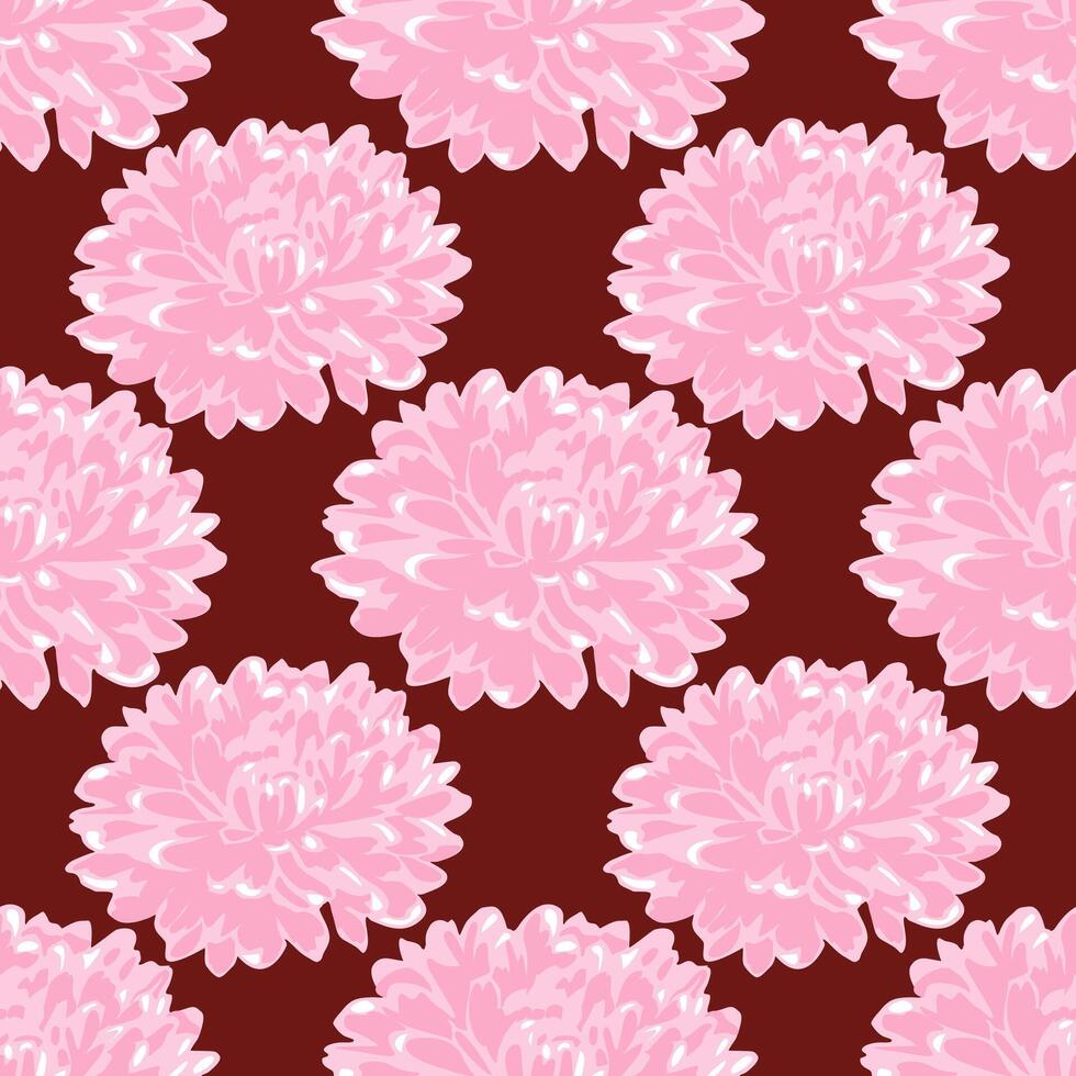 Seamless pattern of stylized pink chrysanthemum flowers on a maroon background, creating a sophisticated and elegant floral design. vector