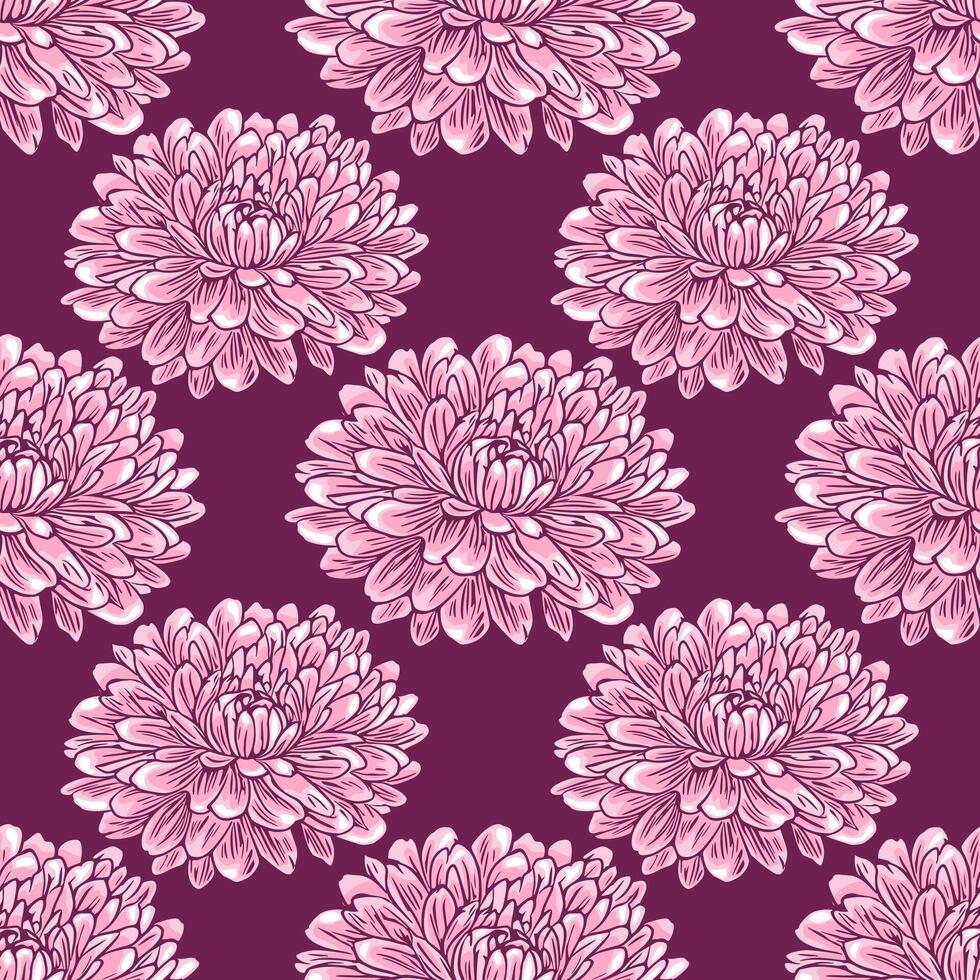 Seamless pattern of delicate pink chrysanthemum flowers on a deep burgundy background, featuring detailed line art style and a repeating design ideal for textile prints or digital papers. vector