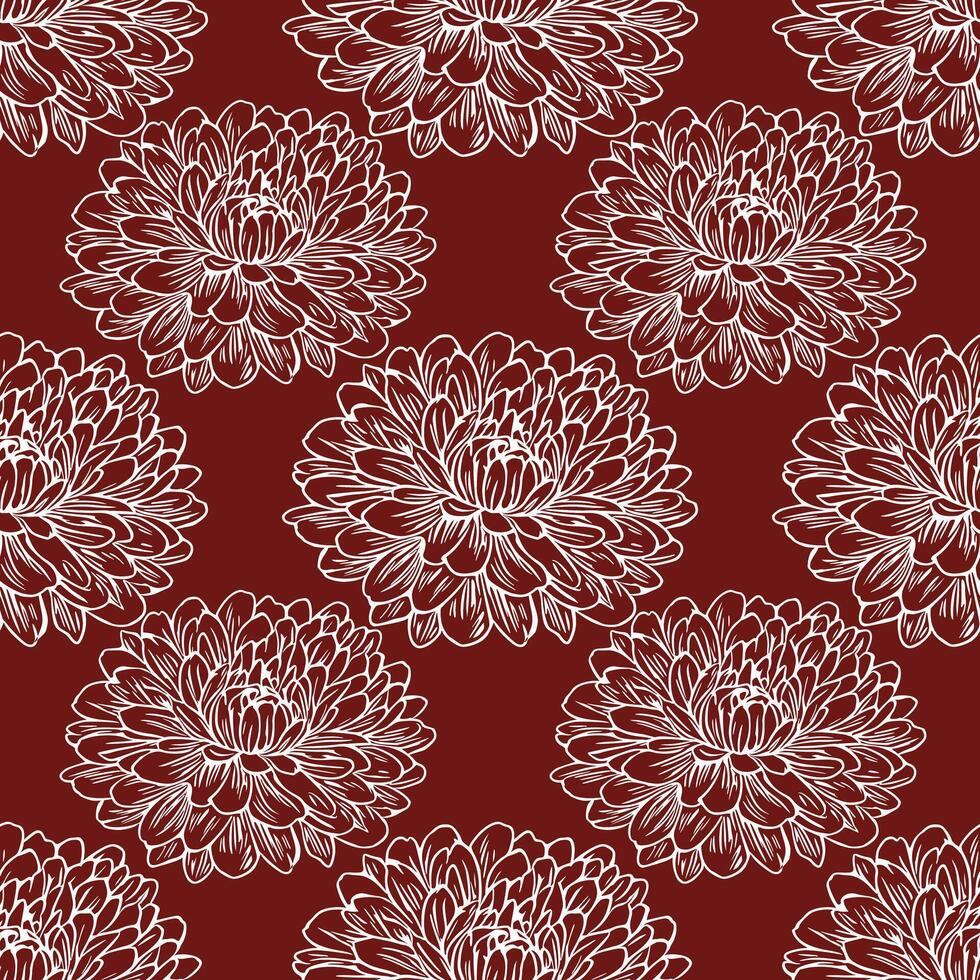 Seamless pattern of burgundy chrysanthemum with white outlines, creating a rich and elegant floral design perfect for textile prints or wallpapers. vector