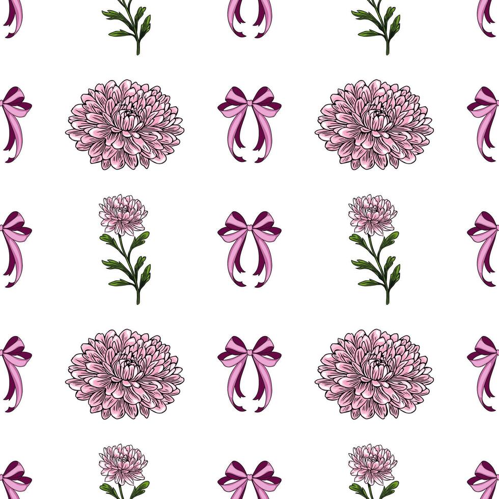 Seamless pattern with hand-drawn pink chrysanthemum flowers, delicate bows, and green leaves, creating a charming and elegant floral design ideal for feminine projects. vector