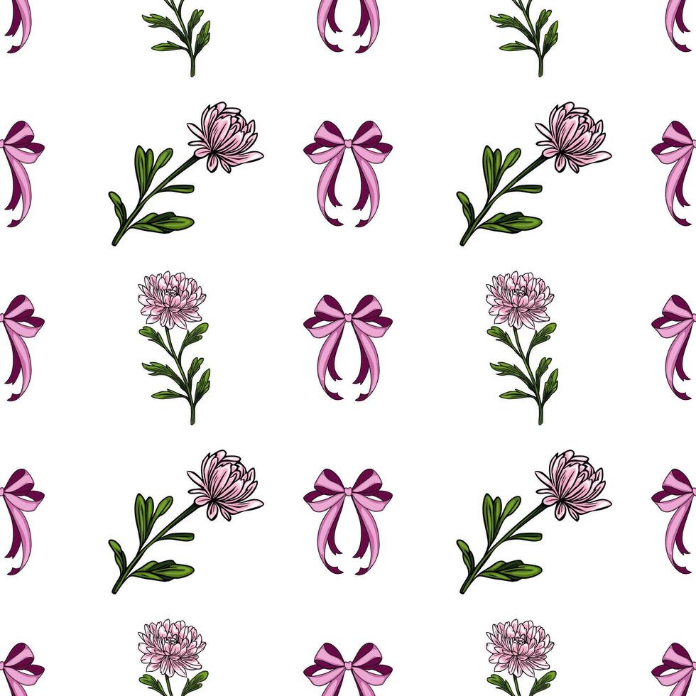 Seamless pattern featuring delicate pink chrysanthemum flowers, elegant purple bows, and simple green leaves on a white background, creating a charming and romantic design. vector