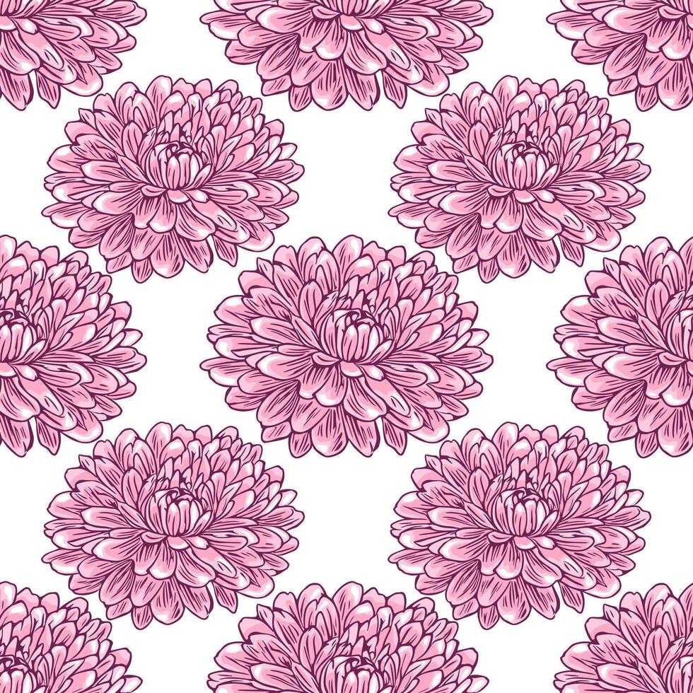 Seamless pattern of delicate pink chrysanthemum flowers, meticulously detailed in a hand-drawn style, creating an elegant and feminine floral design perfect for textile prints or wallpapers. vector