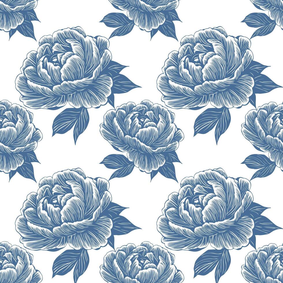 Seamless pattern of detailed blue peonies with etched style leaves on a white background, creating a sophisticated and elegant floral design. vector
