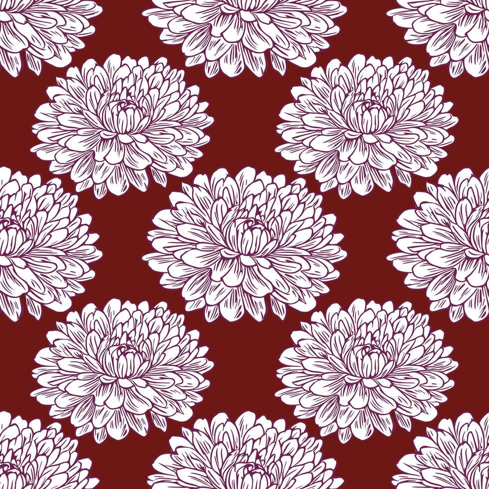 Seamless pattern of hand-drawn white chrysanthemum flowers with purple outlines on a maroon background, creating an elegant and intricate floral design. vector