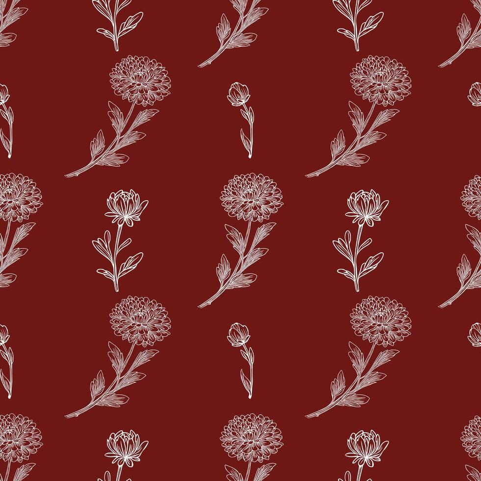 Seamless pattern with elegant white line art chrysanthemum flowers and leaves on a deep burgundy background, perfect for autumnal designs and textile prints. vector