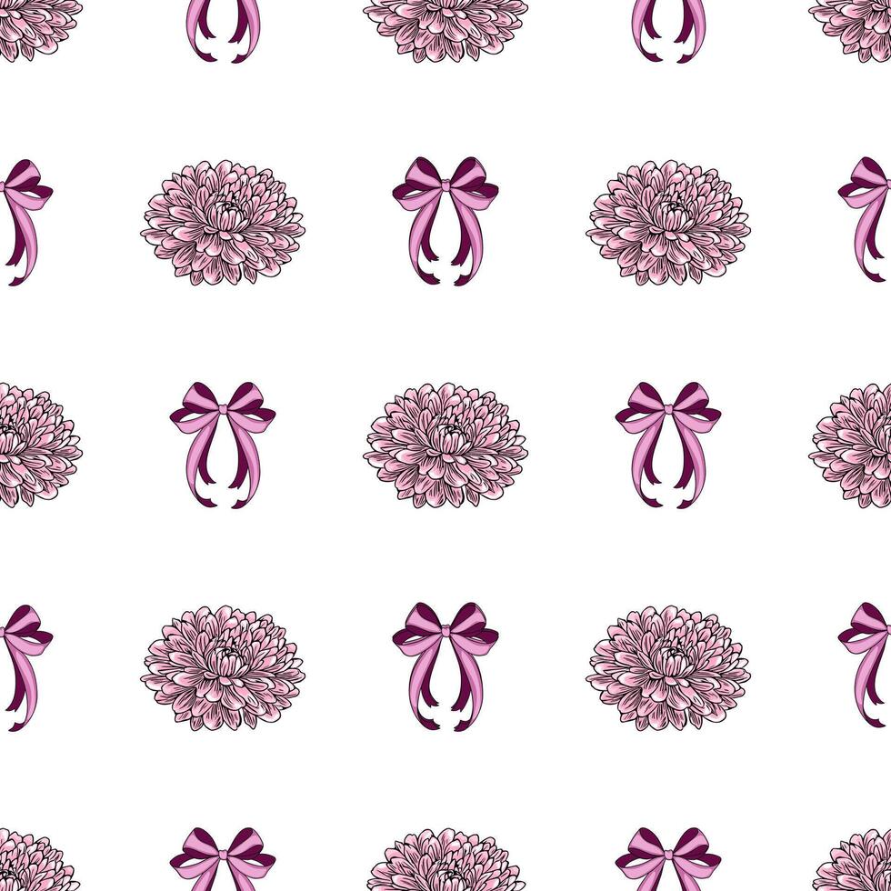 Seamless pattern with delicate pink chrysanthemum flowers and elegant purple bows on a white background, ideal for feminine designs and spring-themed projects. vector