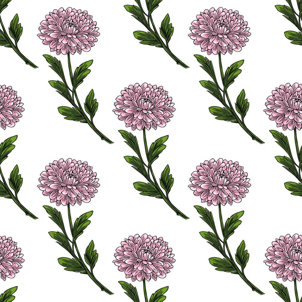 Seamless pattern of delicate pink chrysanthemum flowers with detailed green leaves, creating a charming and elegant floral design perfect for textile prints, wallpapers, or surface patterns. vector