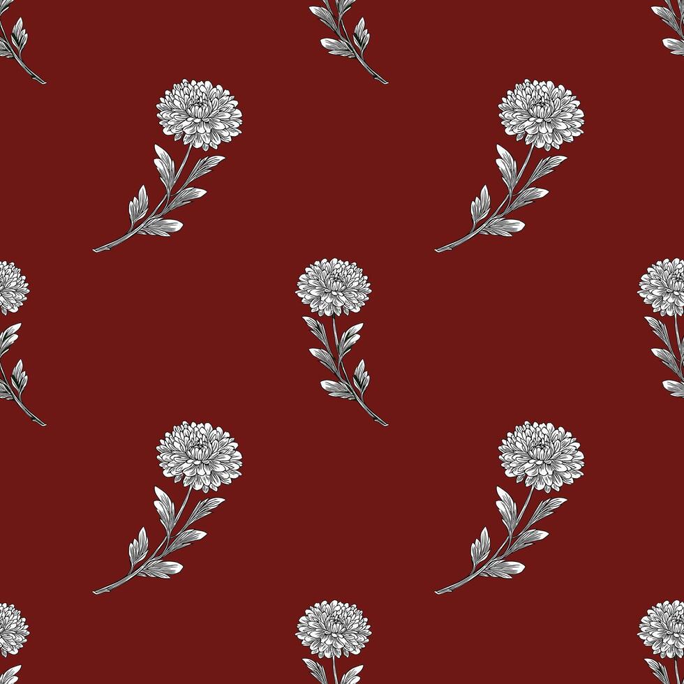 Elegant Seamless Pattern with Hand-Drawn White Chrysanthemum Flowers on a Deep Burgundy Background, Ideal for Textile Design or Wallpaper. vector