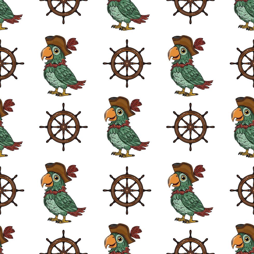 Seamless pattern featuring charming pirate parrots in tricorn hats and vintage ship wheels, creating a playful nautical design perfect for textile, wallpaper, or web backgrounds. vector