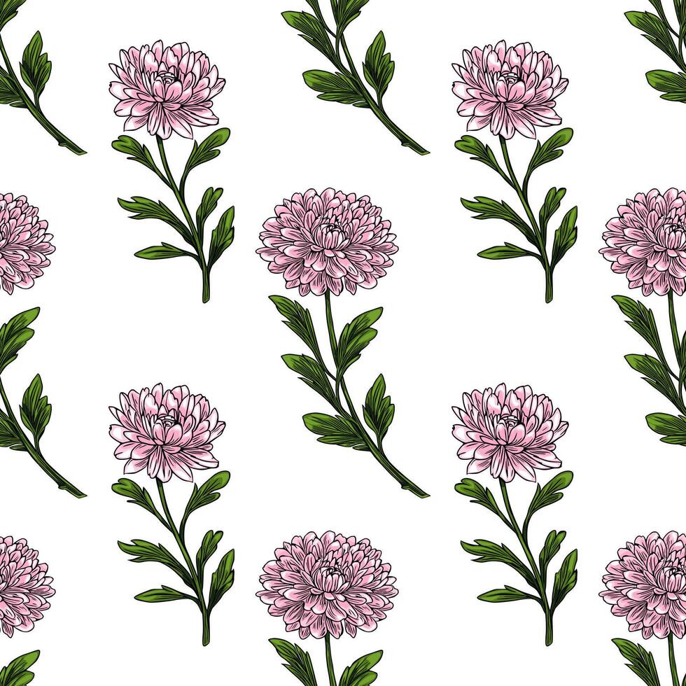 Seamless pattern of delicate pink chrysanthemum flowers with detailed green leaves, creating a charming floral design perfect for textile prints, wallpapers, or packaging. vector