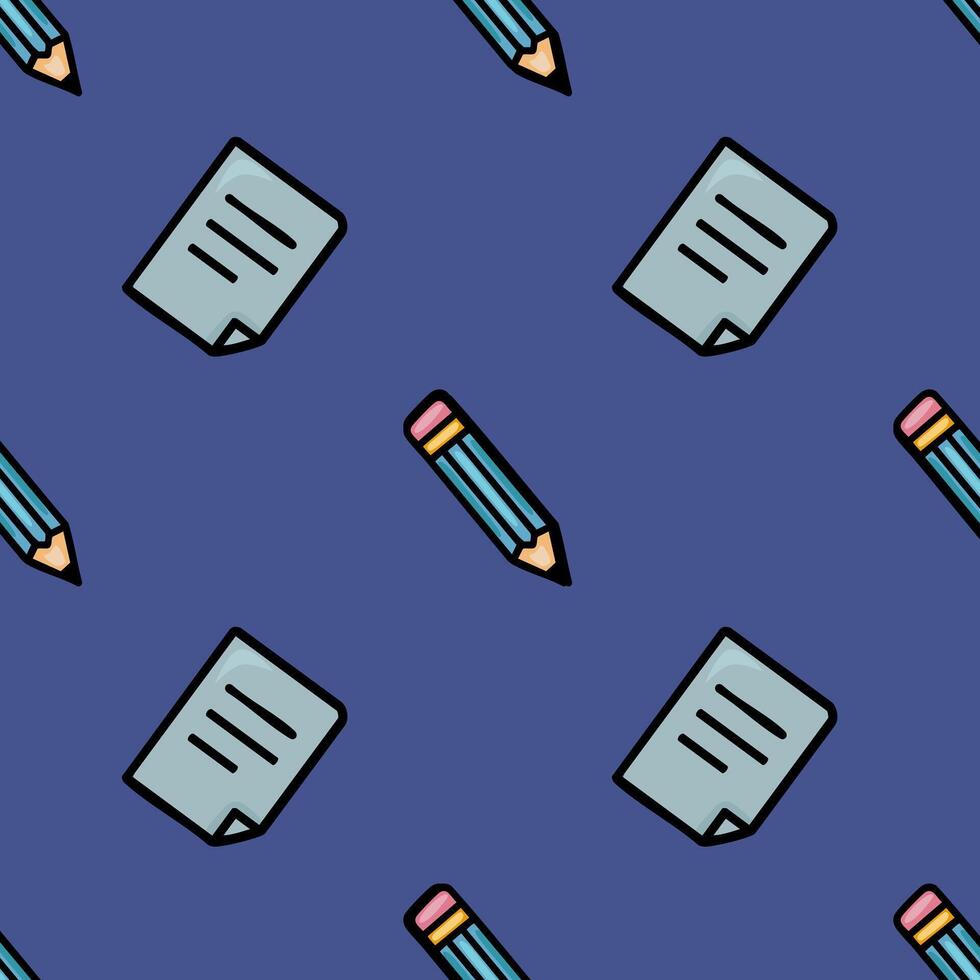 Seamless pattern featuring a playful design of teal pencils and light-blue papers on a deep indigo background, creating a vibrant and cheerful educational backdrop. vector