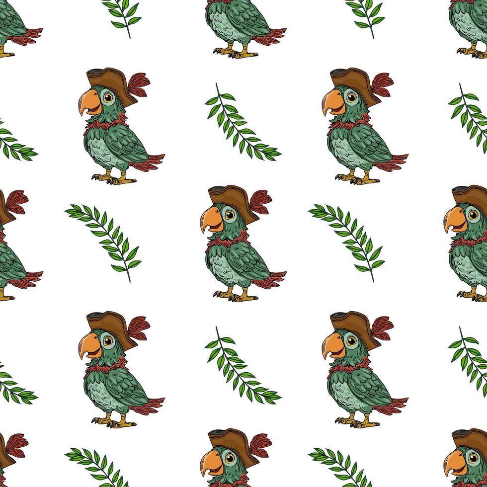 Seamless pattern featuring cheerful pirate parrots in brown tricorn hats and tropical green leaves on a white background, ideal for kids textile or wrapping paper design. vector