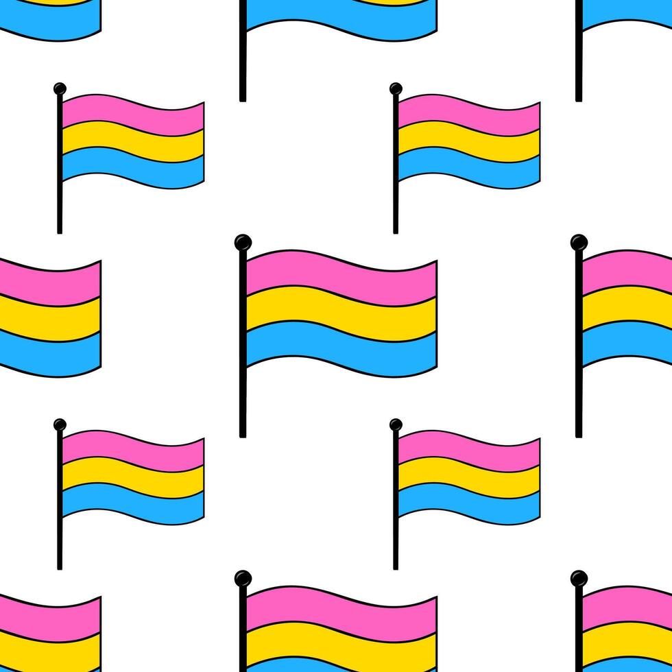 Seamless pattern of waving pansexual flags on white background, featuring bold outlines and vibrant pink, yellow, and blue colors. vector