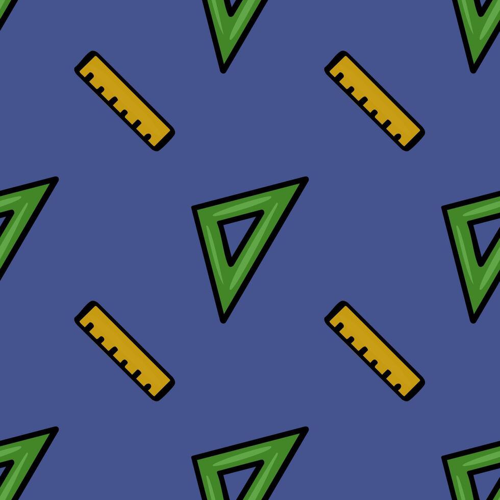 A playful seamless pattern featuring a repeating motif of yellow rulers and green set squares on a deep blue background, creating a vibrant and energetic design ideal for educational or geom... vector
