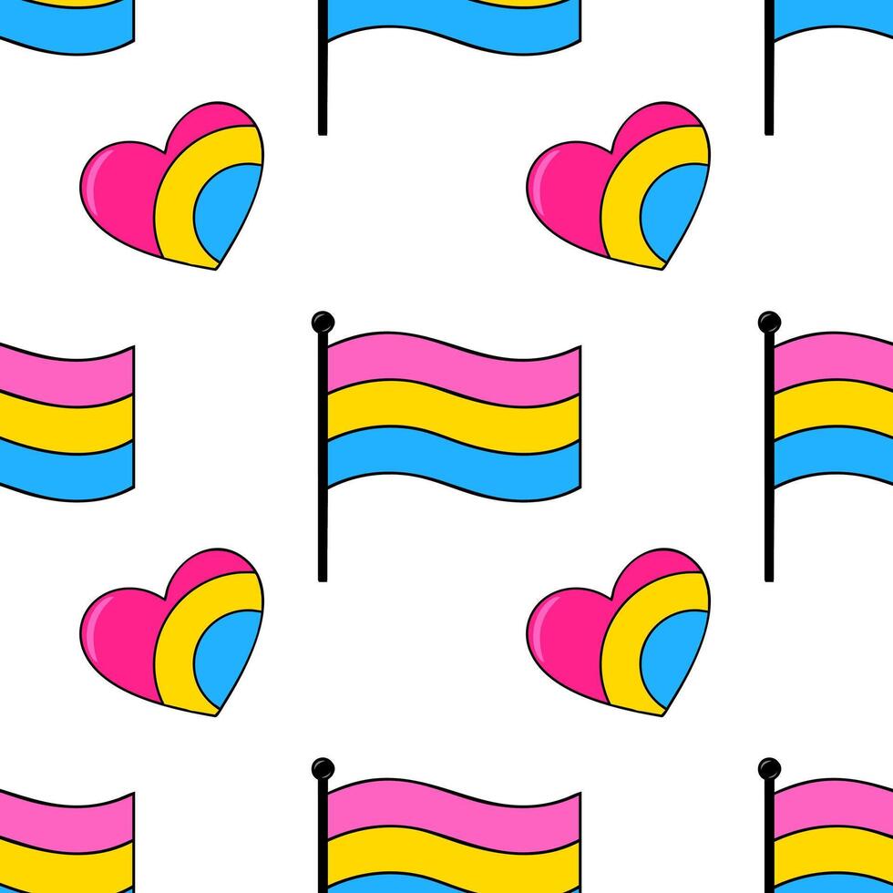 Seamless pattern featuring vibrant pink, yellow, and blue pansexual flags and hearts, ideal for LGBTQ themed designs and celebrations. vector