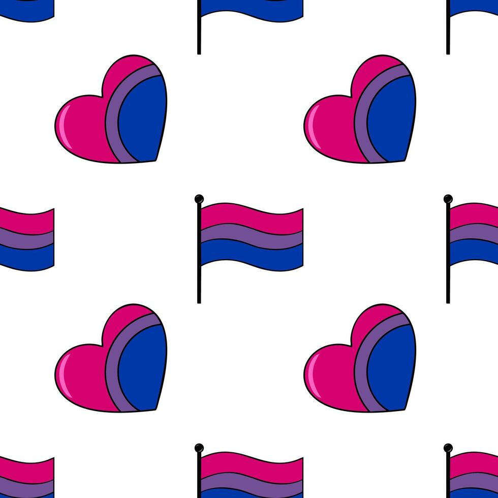 Seamless pattern featuring bisexual pride flags and hearts, a vibrant design for LGBTQ themed projects. vector