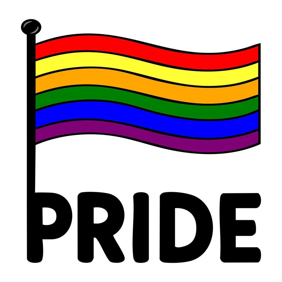 Vibrant illustration of a waving Pride flag on a pole, accompanied by the bold word PRIDE, perfect for LGBTQ themed designs and celebrations. vector