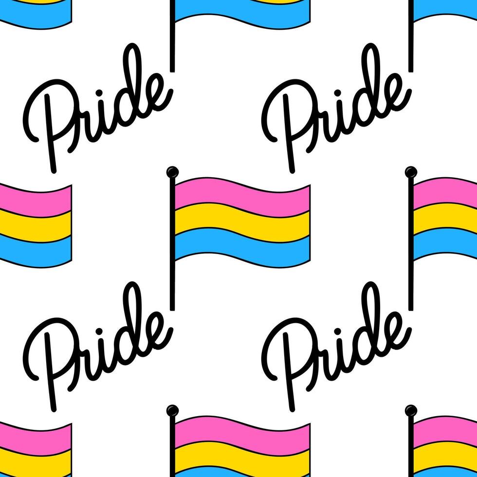Seamless pattern featuring pansexual pride flags and stylized Pride lettering, ideal for LGBTQ themed designs and celebrations. vector
