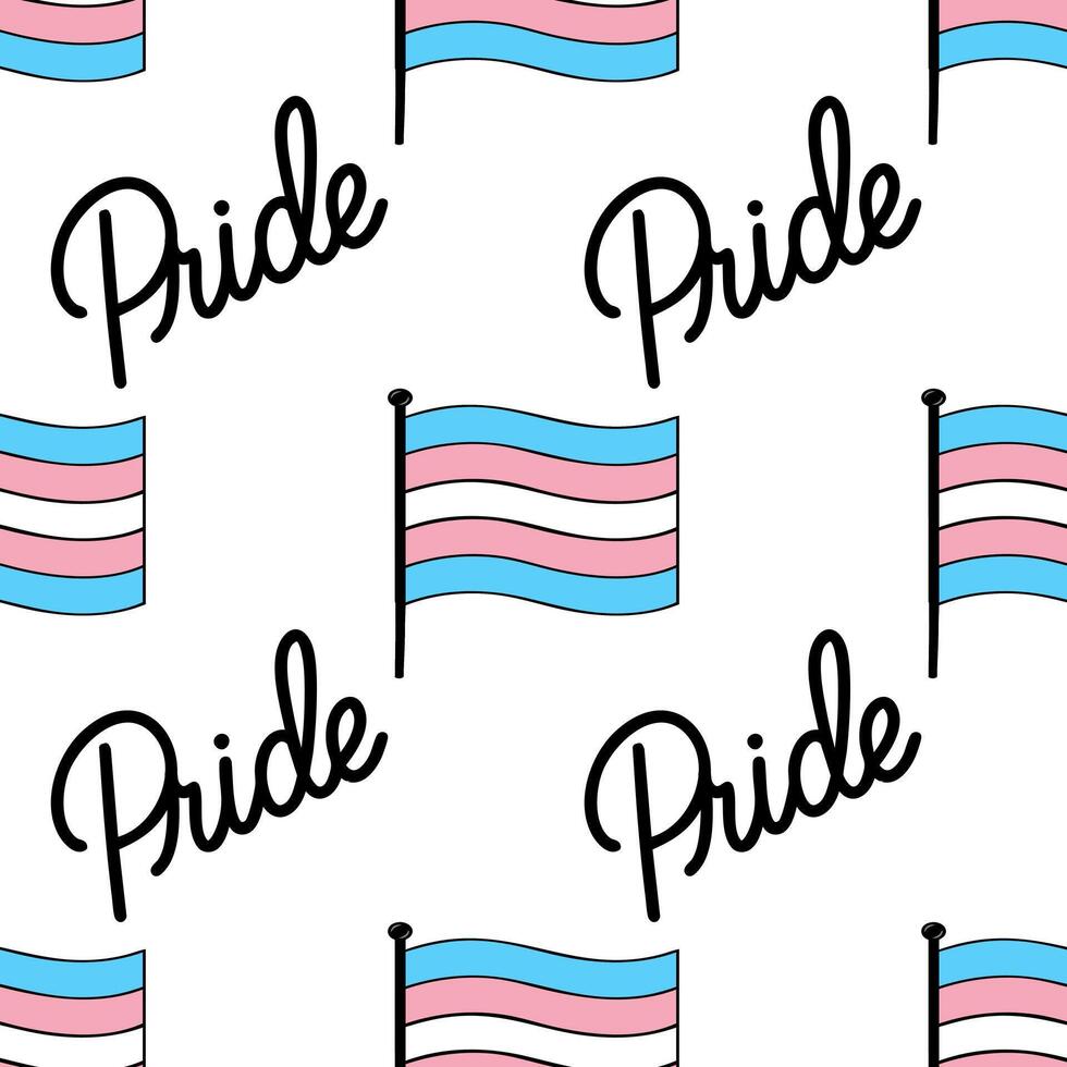 Seamless pattern featuring transgender pride flags and stylized Pride lettering, ideal for LGBTQ themed designs and apparel. vector
