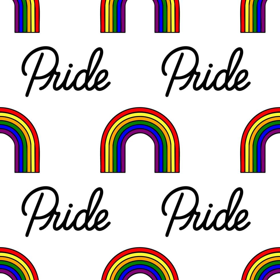 Seamless pattern with vibrant rainbow arches and bold Pride lettering, a cheerful design perfect for LGBTQ celebrations and apparel. vector