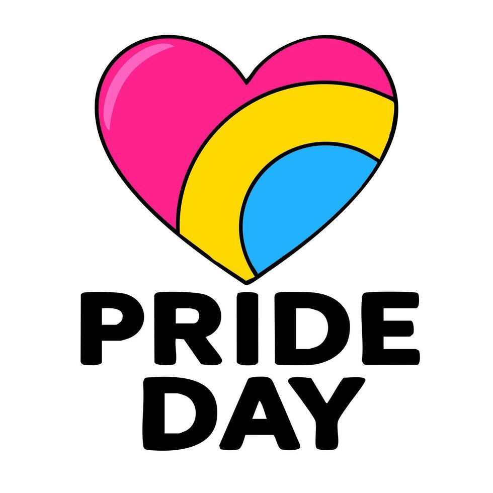 Vibrant illustration of a heart shaped like the pansexual pride flag, accompanied by the bold text PRIDE DAY. vector