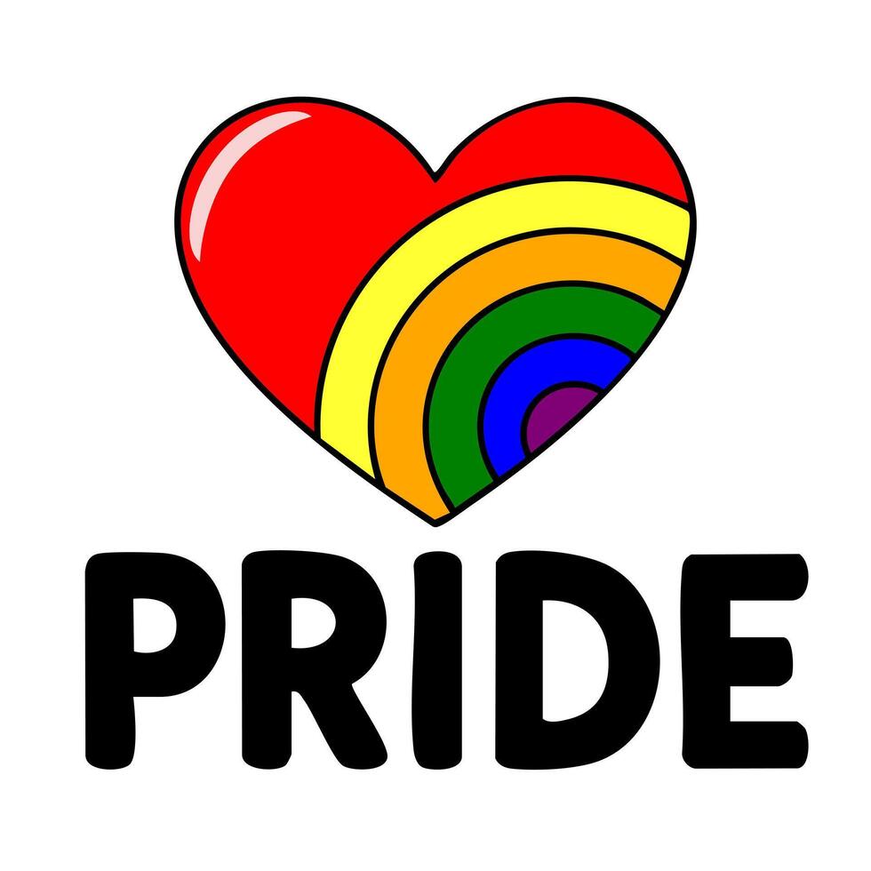 Vibrant illustration of a red heart incorporating a rainbow arc, accompanied by the bold word PRIDE, ideal for LGBTQ themed designs. vector
