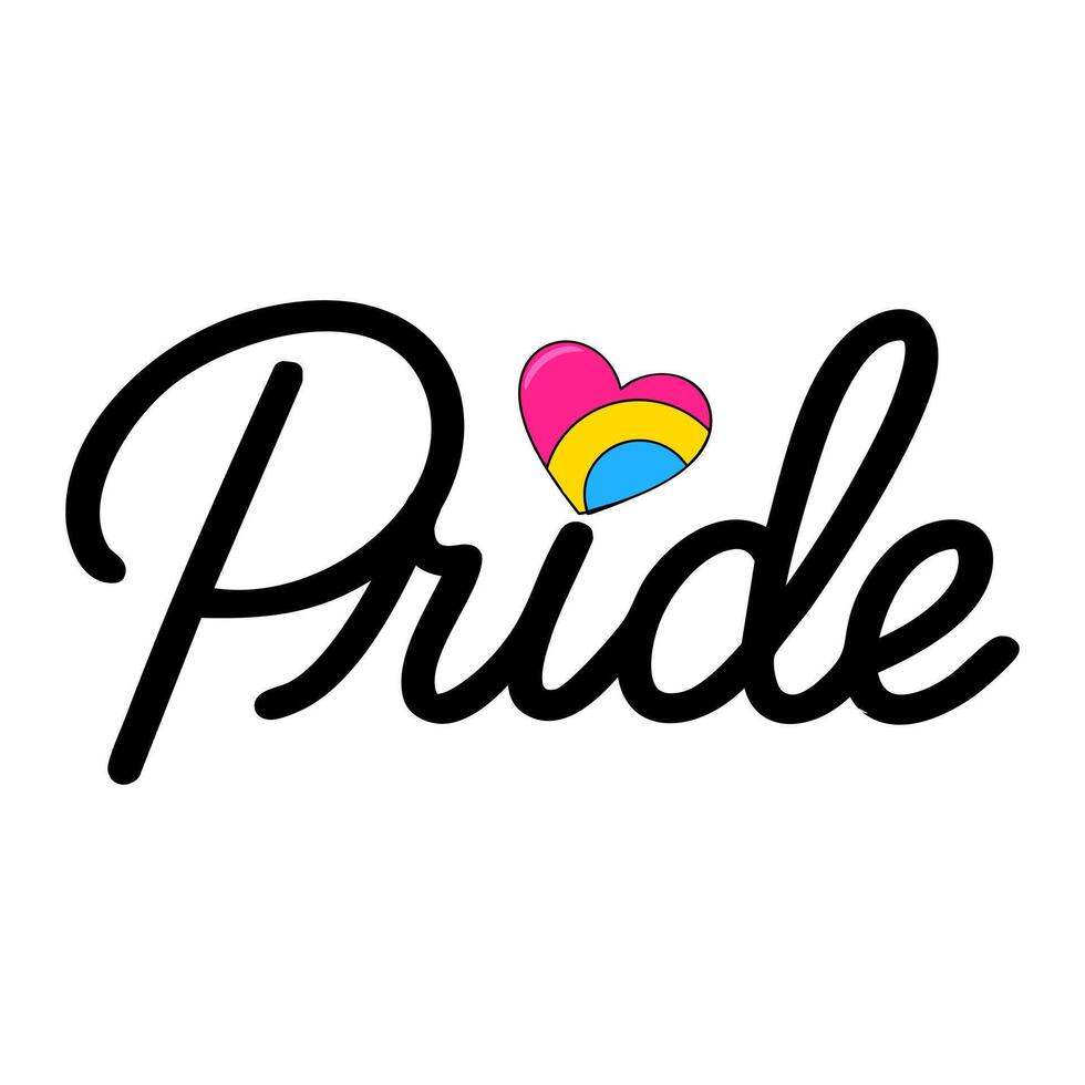 illustration of the word Pride in a stylish script font, featuring a small pansexual heart as a unique design element. vector