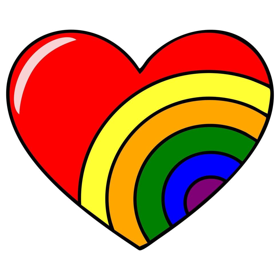 Vibrant illustration of a red heart incorporating a rainbow arc design, showcasing bold colors and a playful, celebratory style. vector