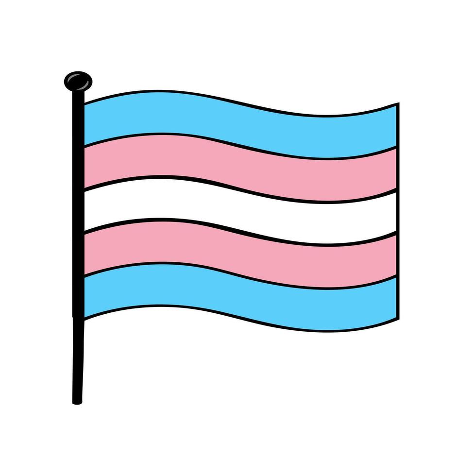 A illustration of a transgender pride flag waving on a flagpole, featuring a bold, cartoonish style with distinct black outlines and a simple, yet expressive design. vector