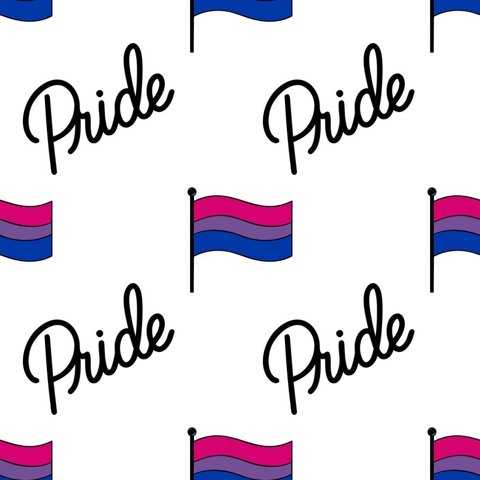 Seamless pattern featuring the bisexual pride flag and stylized Pride lettering, perfect for LGBTQ themed designs and celebrations. vector