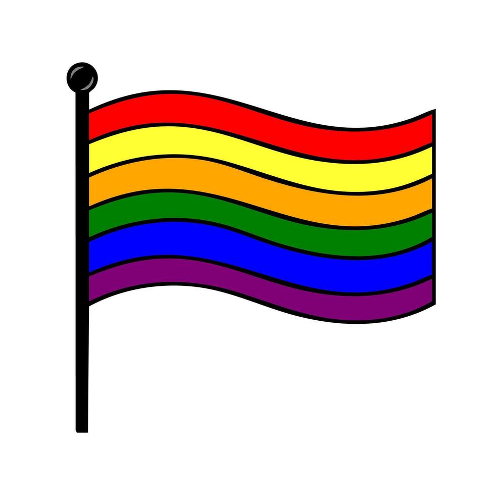 Vibrant illustration of a waving rainbow flag on a pole, featuring bold outlines and distinct color separation for a striking graphic design element. vector
