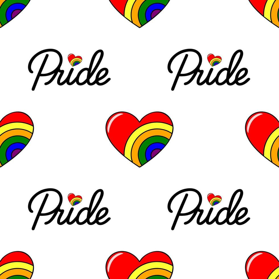 Seamless pattern featuring rainbow hearts and Pride lettering, a vibrant design perfect for LGBTQ celebrations and apparel. vector