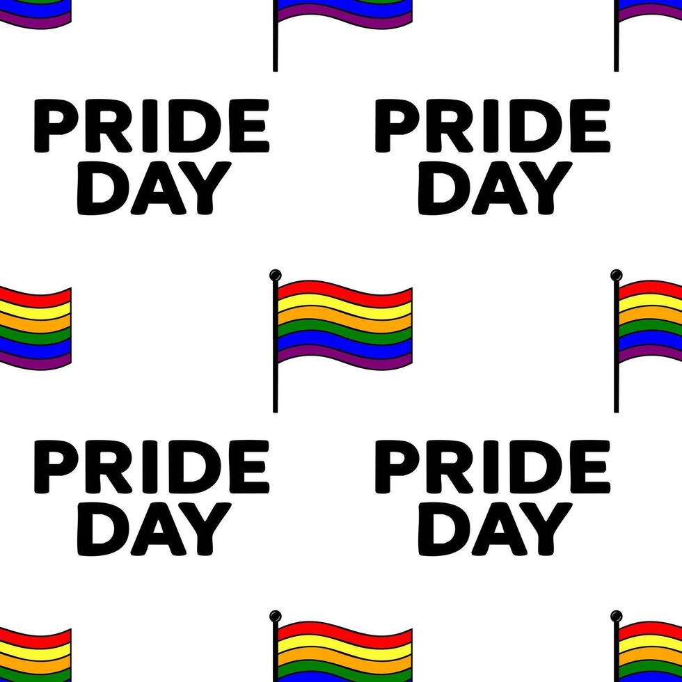 Seamless pattern featuring Pride Day text and waving rainbow flags, a vibrant design for LGBTQ celebrations and related projects. vector