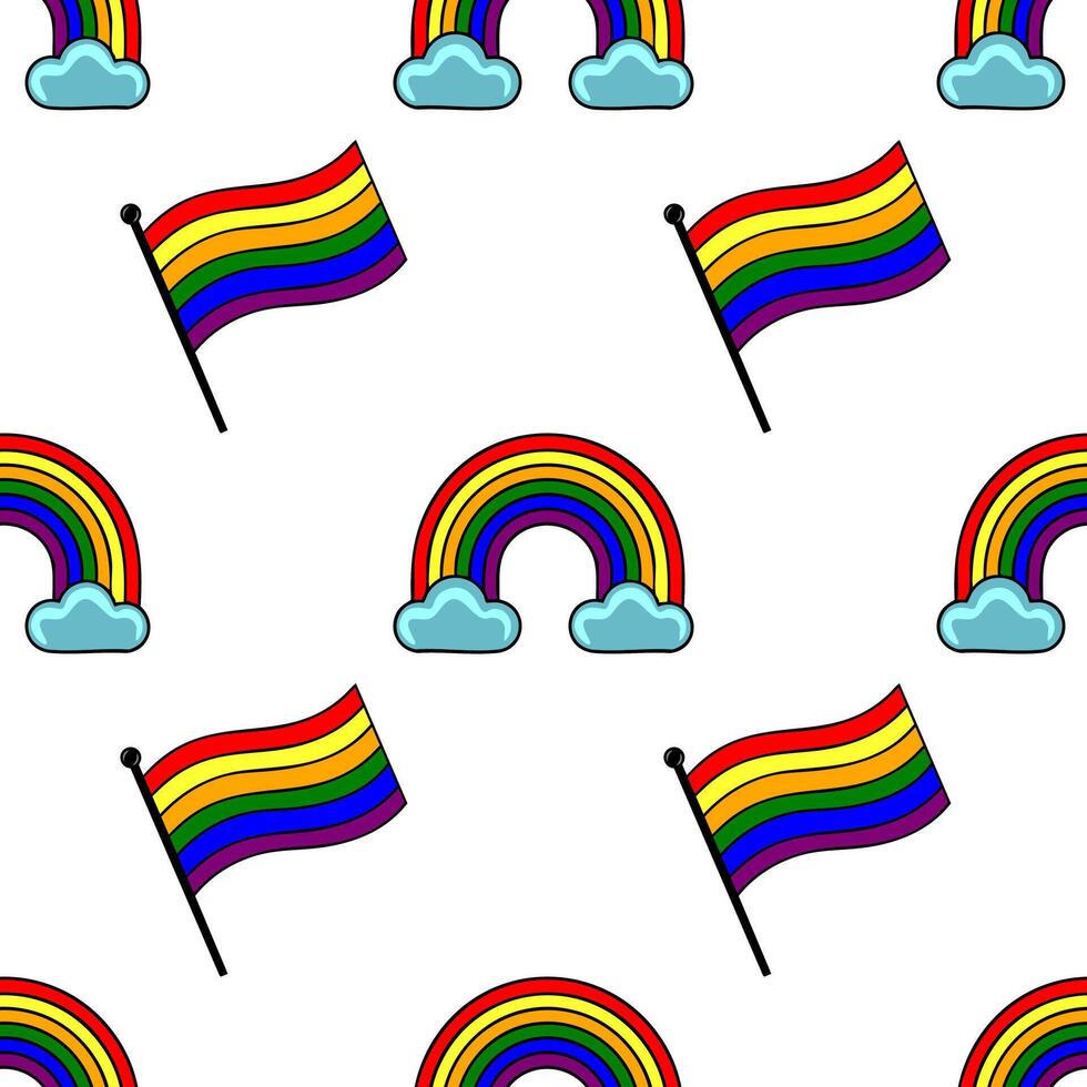 Seamless pattern featuring vibrant rainbows and LGBTQ pride flags, ideal for celebratory backgrounds or textile designs. vector