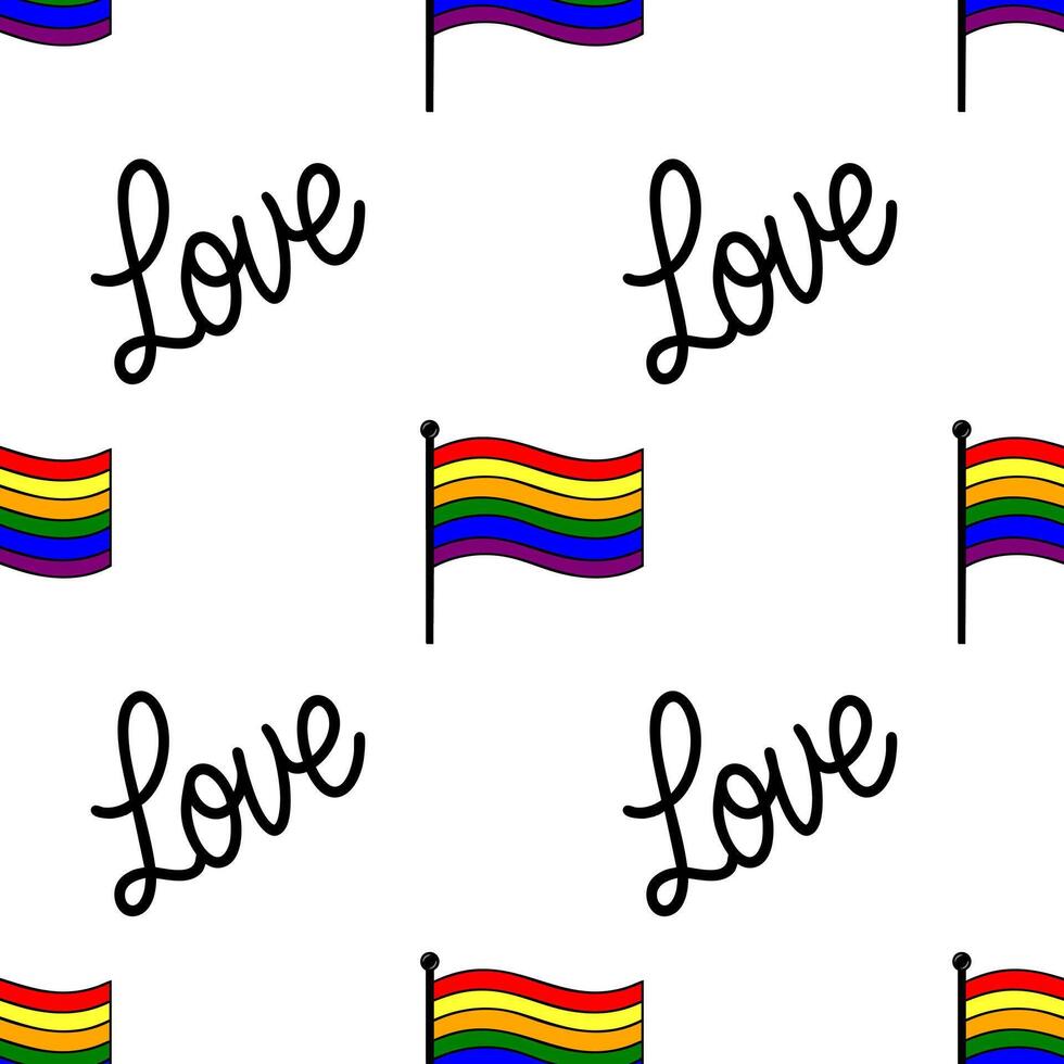 Seamless pattern featuring vibrant rainbow flags and the word Love in a playful, hand-drawn style, perfect for Pride celebrations and LGBTQ themed designs. vector