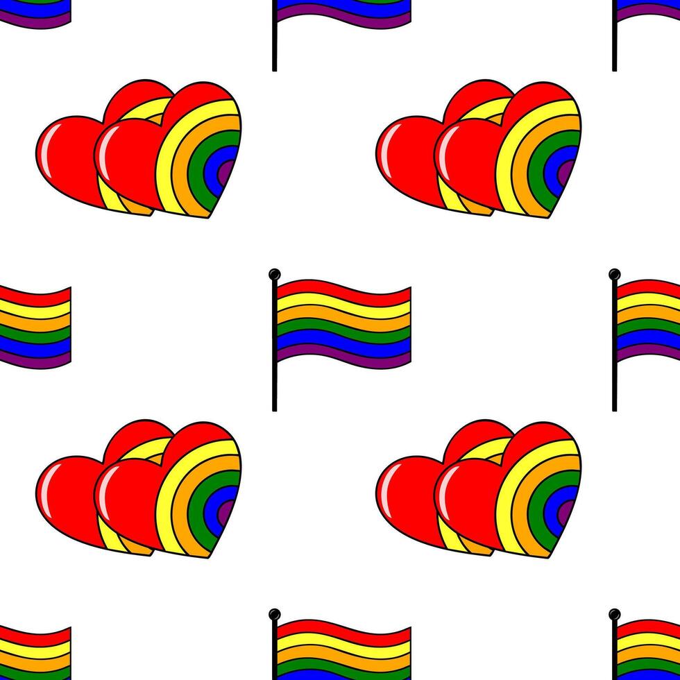 Seamless pattern featuring vibrant rainbow hearts and flags, symbolizing LGBTQ pride and love, perfect for festive designs. vector