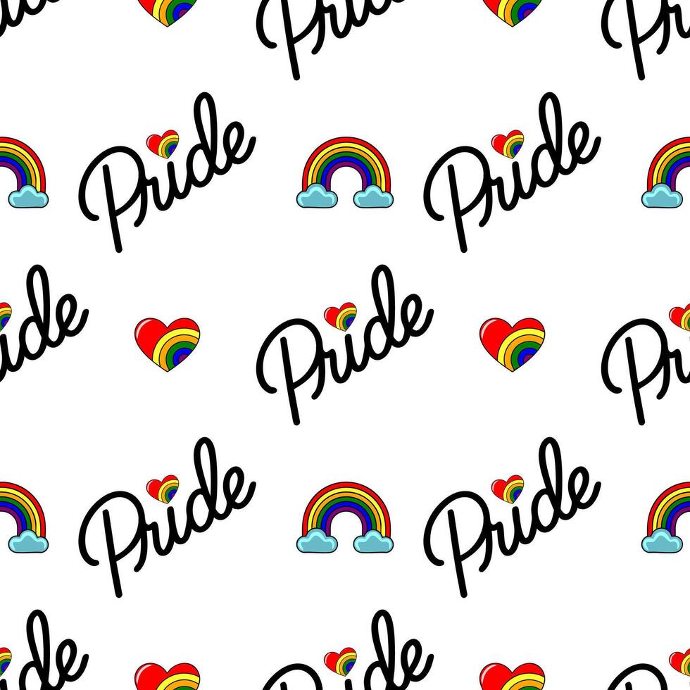Seamless pattern with Pride rainbow hearts, rainbows and script lettering for LGBTQ celebration. vector