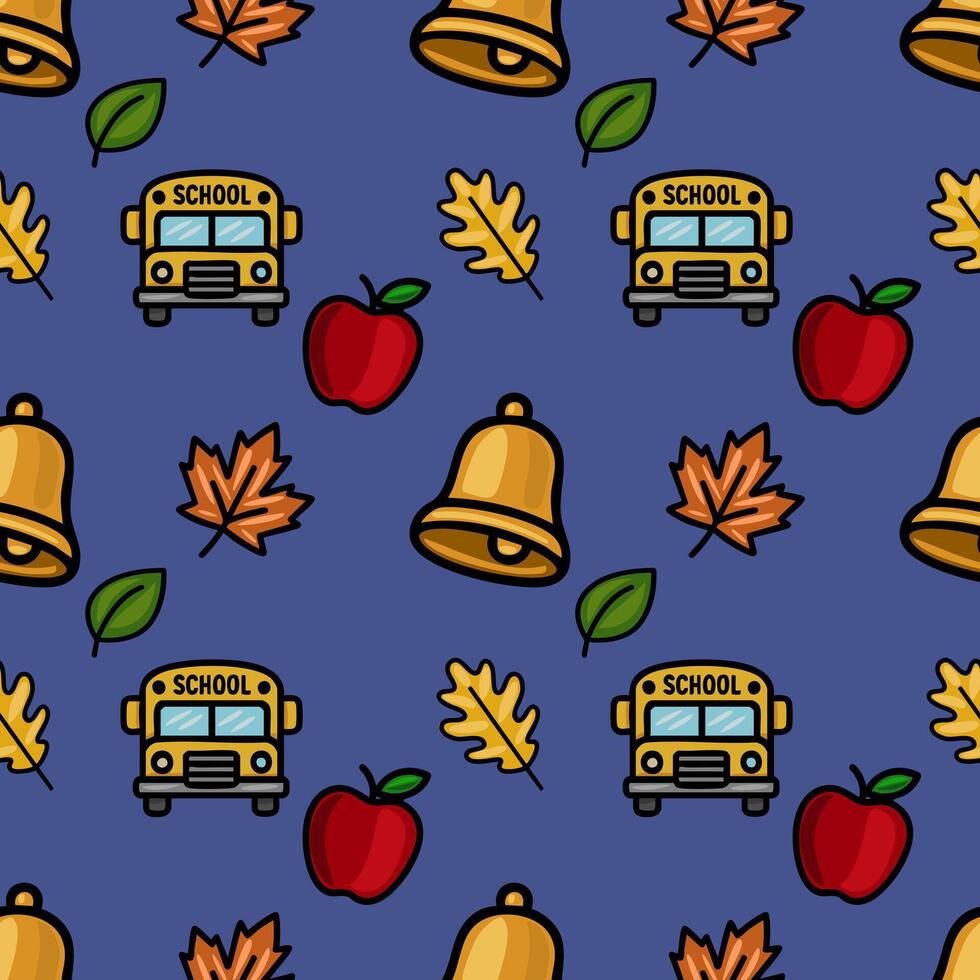 Delightful seamless pattern featuring a cheerful back-to-school theme with school buses, apples, bells, and autumn leaves on a deep blue background, perfect for educational designs. vector