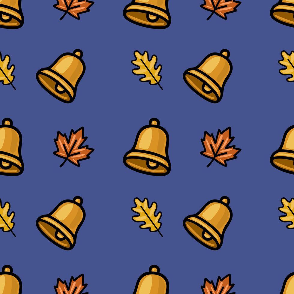 A charming seamless pattern featuring golden bells and autumn leaves on a deep blue background, perfect for fall-themed designs and back-to-school projects. vector