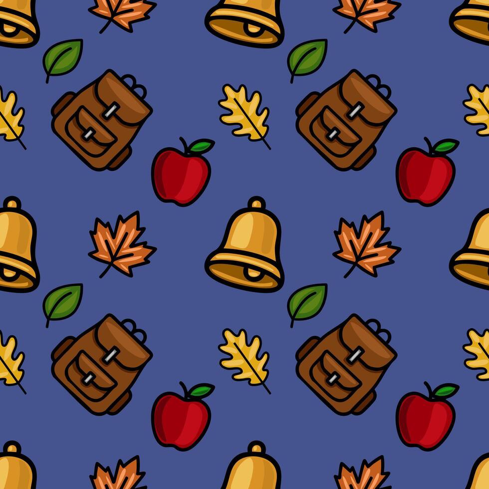 A charming seamless pattern featuring brown backpacks, golden bells, red apples, and autumn leaves on a deep blue background, ideal for back-to-school designs. vector