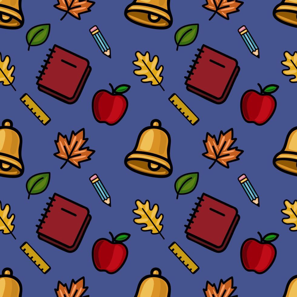 A vibrant seamless pattern featuring a playful mix of school supplies, autumn leaves, and a school bell, designed in a bold, outlined style against a deep blue background. vector