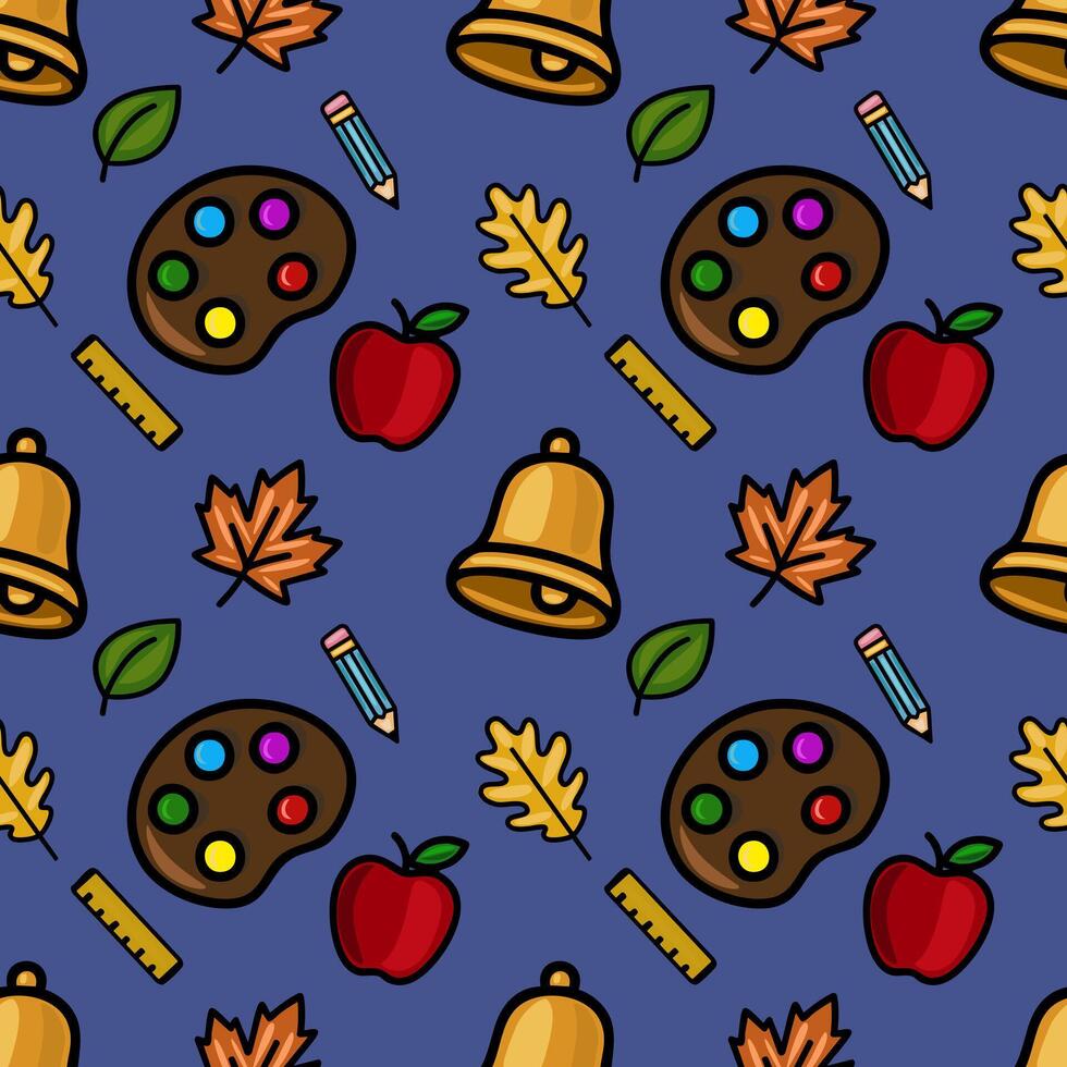 A cheerful seamless pattern featuring school supplies, autumn leaves, and apples, rendered in a bold, cartoonish style against a deep blue background, ideal for back-to-school or fall-themed... vector