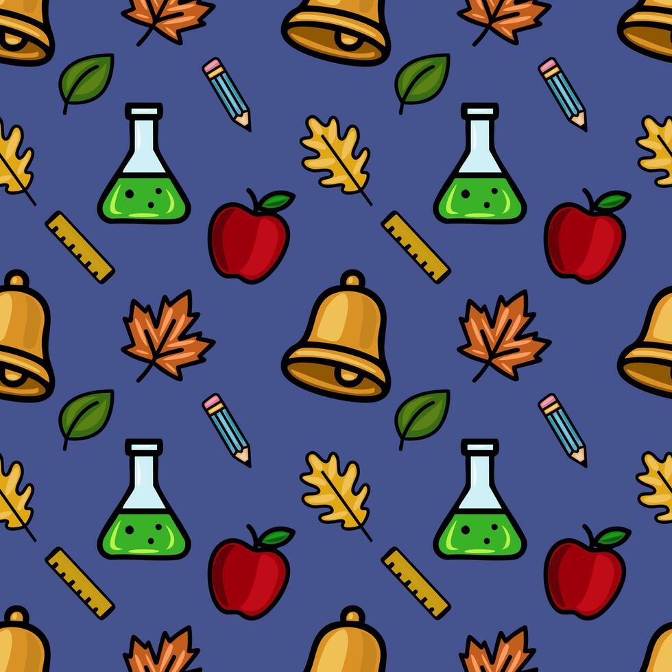 Delightful seamless pattern featuring a playful mix of school supplies, autumn leaves, and apples on a deep blue background, creating a cheerful back-to-school vibe. vector