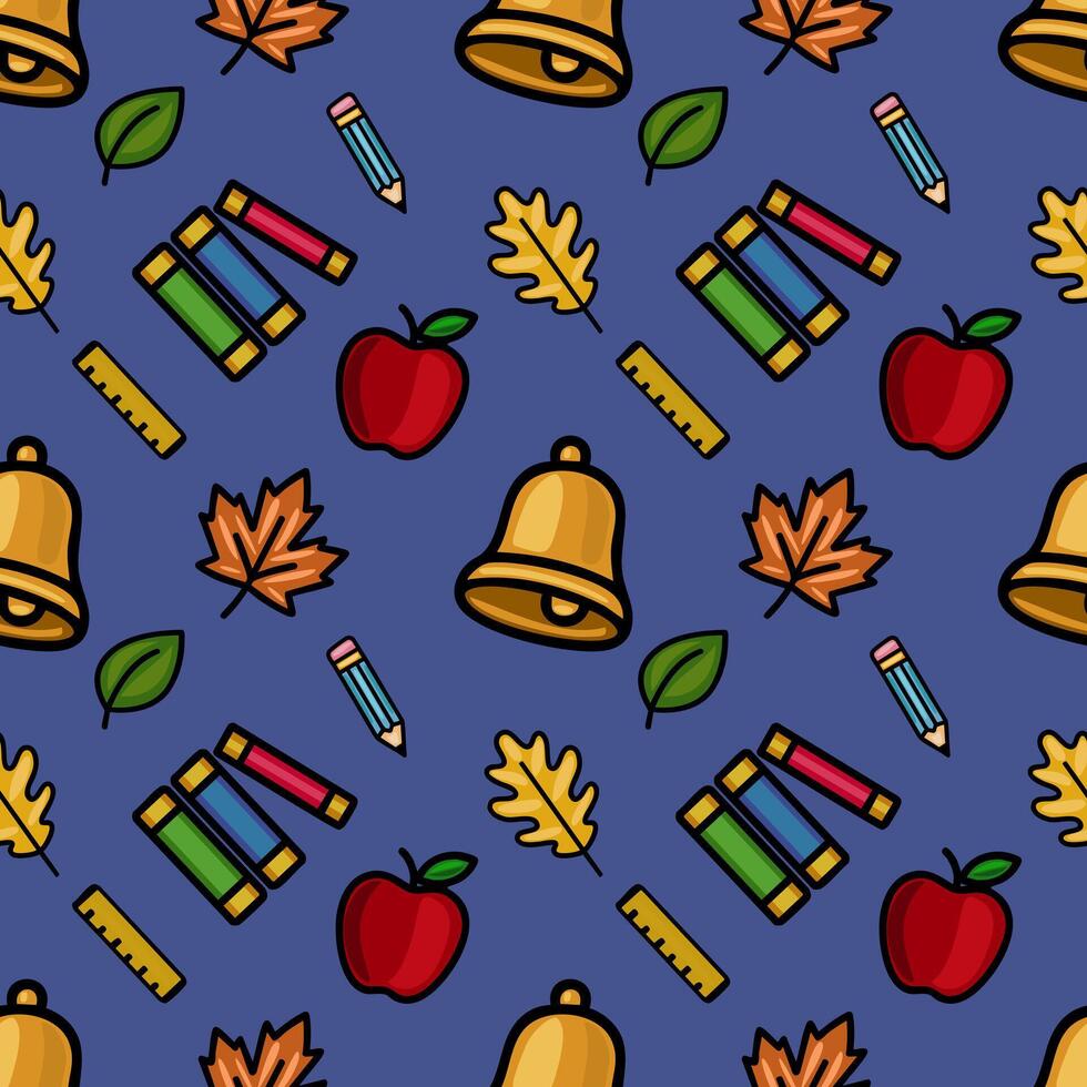 A cheerful seamless pattern featuring school supplies, autumn leaves, and apples, perfect for back-to-school designs and fall-themed projects. vector