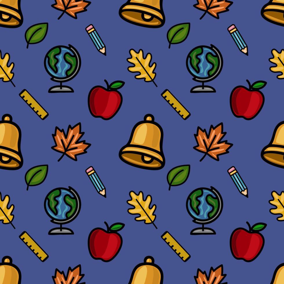 A vibrant seamless pattern featuring a playful mix of school supplies, autumn leaves, and a globe, creating a cheerful back-to-school design perfect for educational materials. vector
